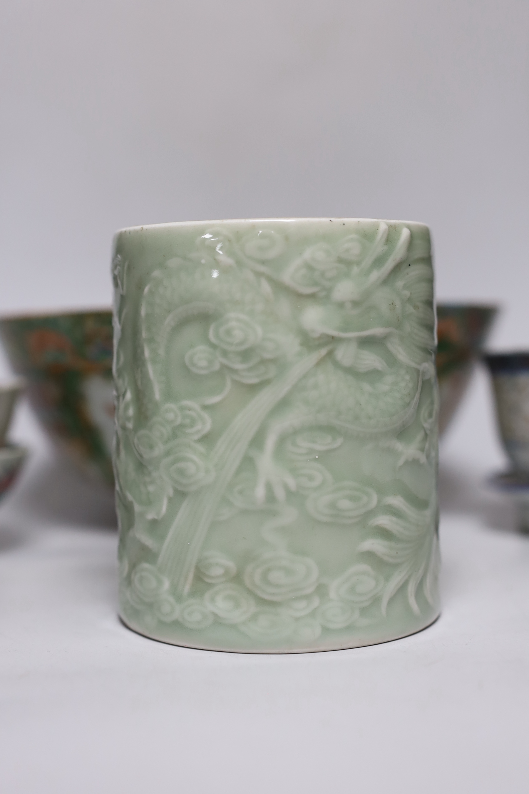 A Chinese celadon brush pot, a Cantonese bowl, two rice bowls and a rice bowl on stand, Cantonese bowl 26cm diameter